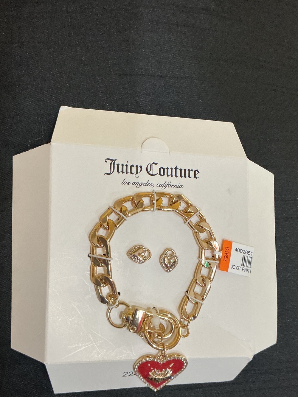 Juicy Couture Gold Bracelet with Red Heart Charm and Matching Studs